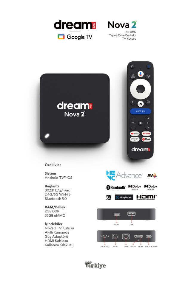 Nova 2 | Android 14 | Yapay Zeka | 12 AY TV+ Üyelik Hediyeli | 4K Lisansli Android TV Box |