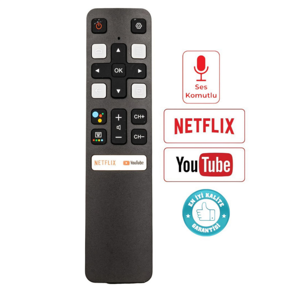 TCL Ses Komutlu Akıllı TV Kumandası C715 C815 P715 P615 P8 S6500 Uyumlu RC802V FNR1 HTC120 Netflix YouTube Tuşlu